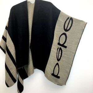 BEBE One Size Logo Cozy Wrap Shawl Poncho Black Beige Tan Neutral Tunic Sweater